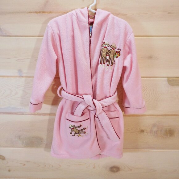Nick and Nora Toddler Girls Size 3T Pink Sock Monkey Hooded Fleece Robe Belted - Picture 1 of 11